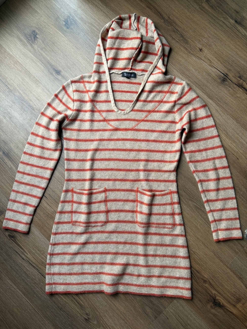 Striped Hooded Knit Tunic with Coral Accents